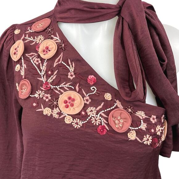 Vero Moda Red Embellished Embroidered One Shoulder Tie Neck Peplum Blouse Top S - Picture 3 of 5